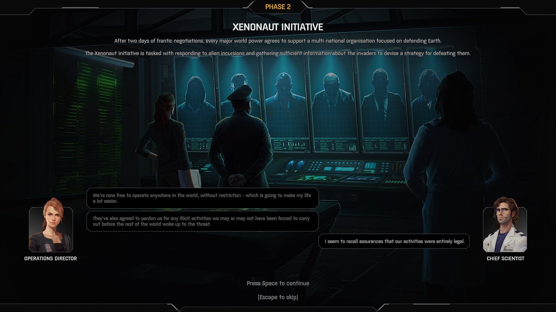 Dialogue between the Xenonauts' operations direction and chief scientist in Xenonauts 2.