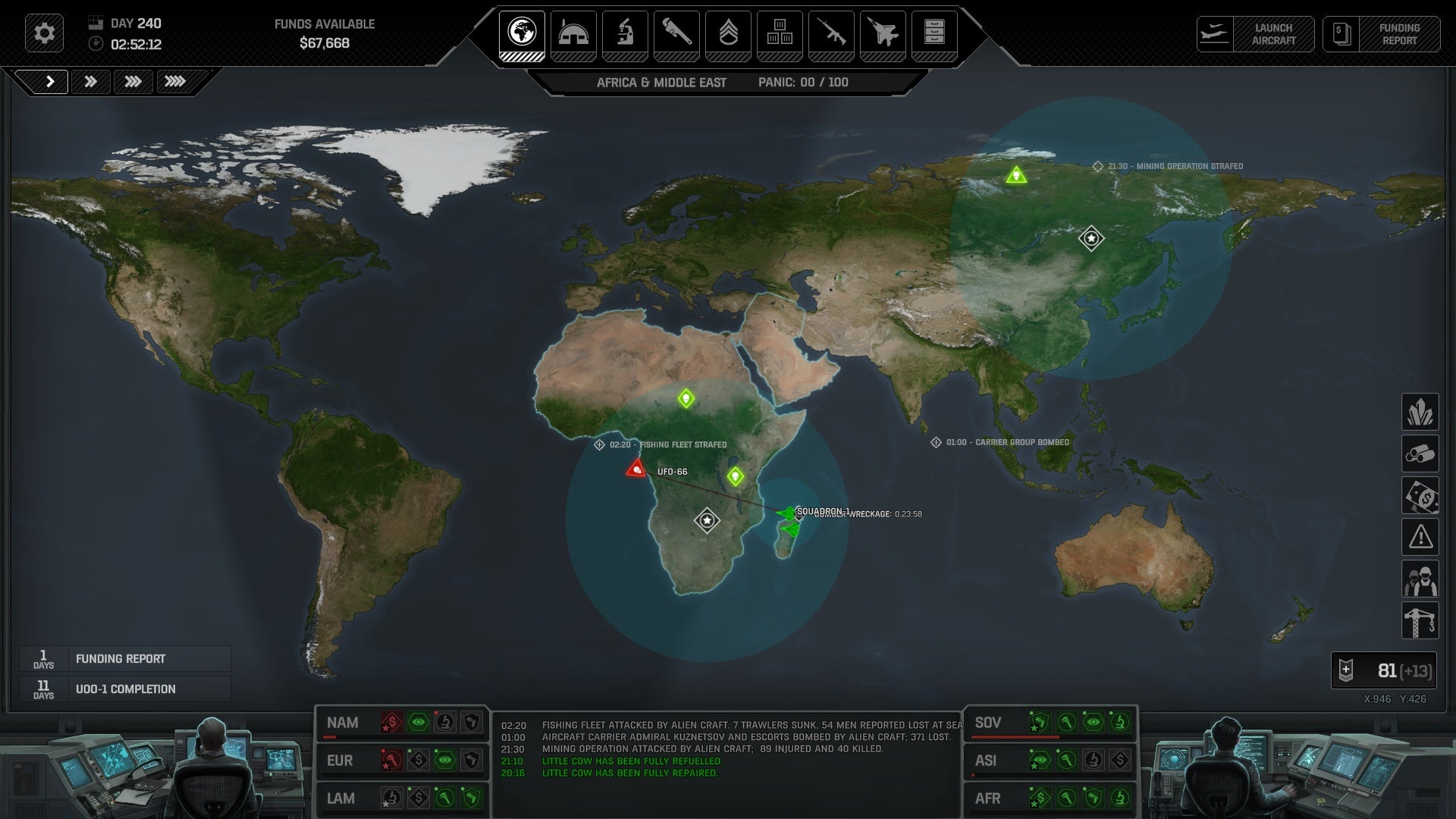 A world map, showing the sites of alien incursions, in Xenonauts 2.