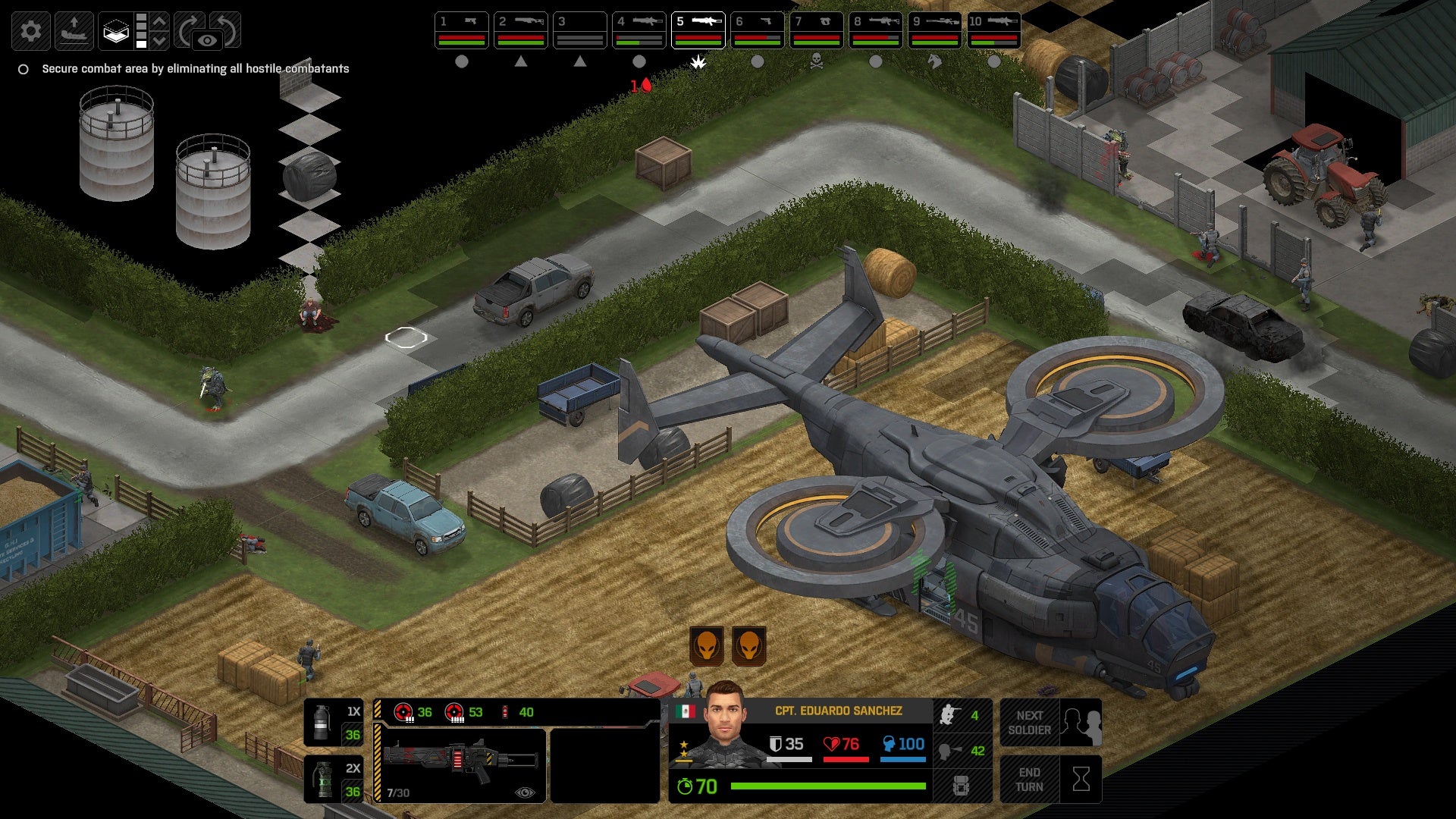 Soldiers take positions against alien invaders around a farm in Xenonauts 2.