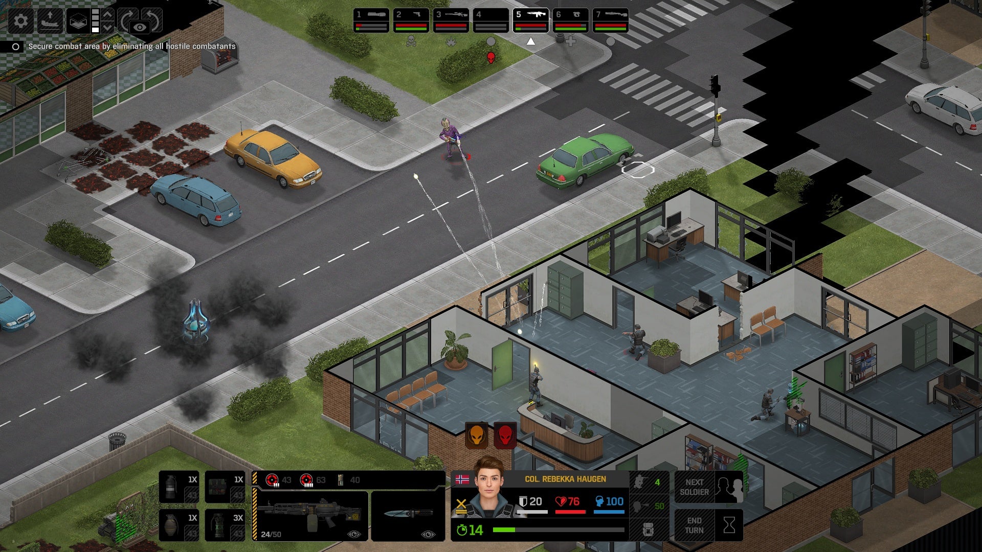 A street battle between aliens and human soldiers in Xenonauts 2.