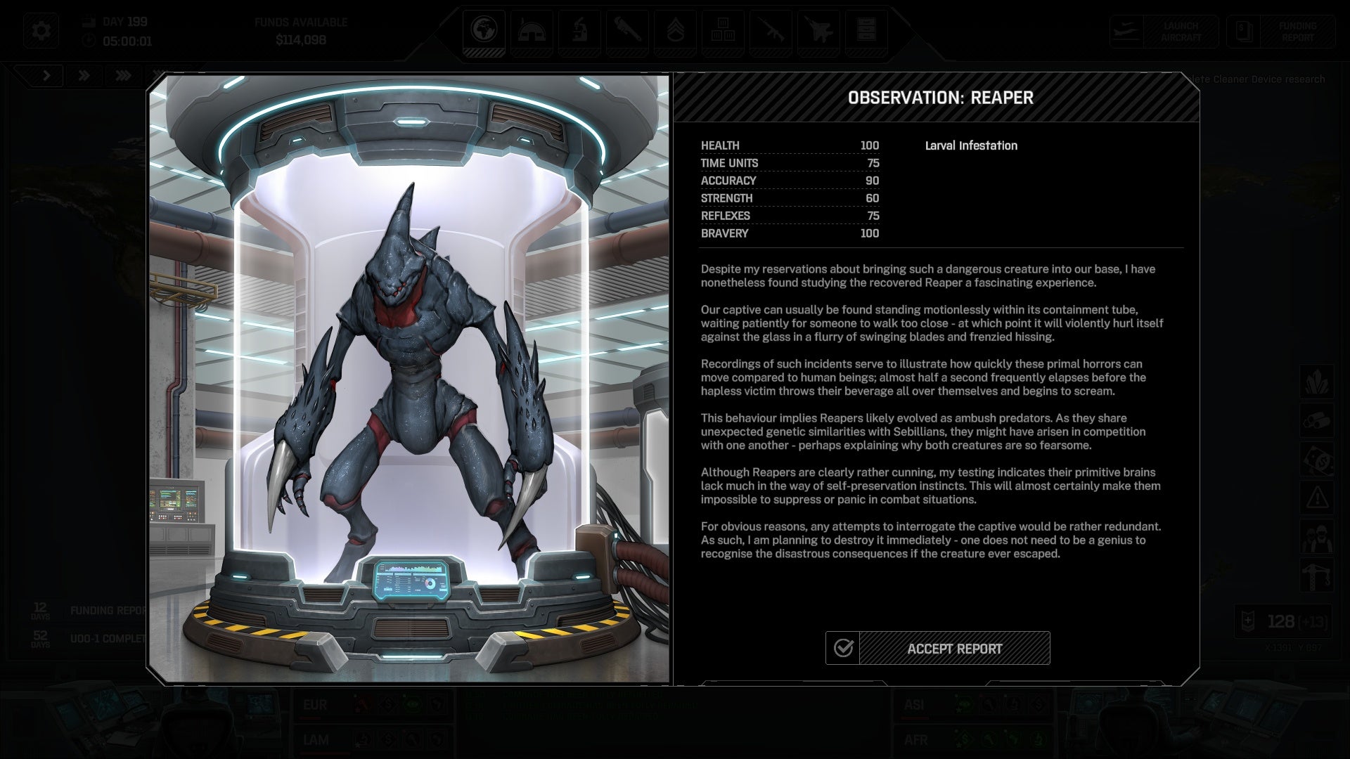Running observation tests on a captured Reaper alien in Xenonauts 2.