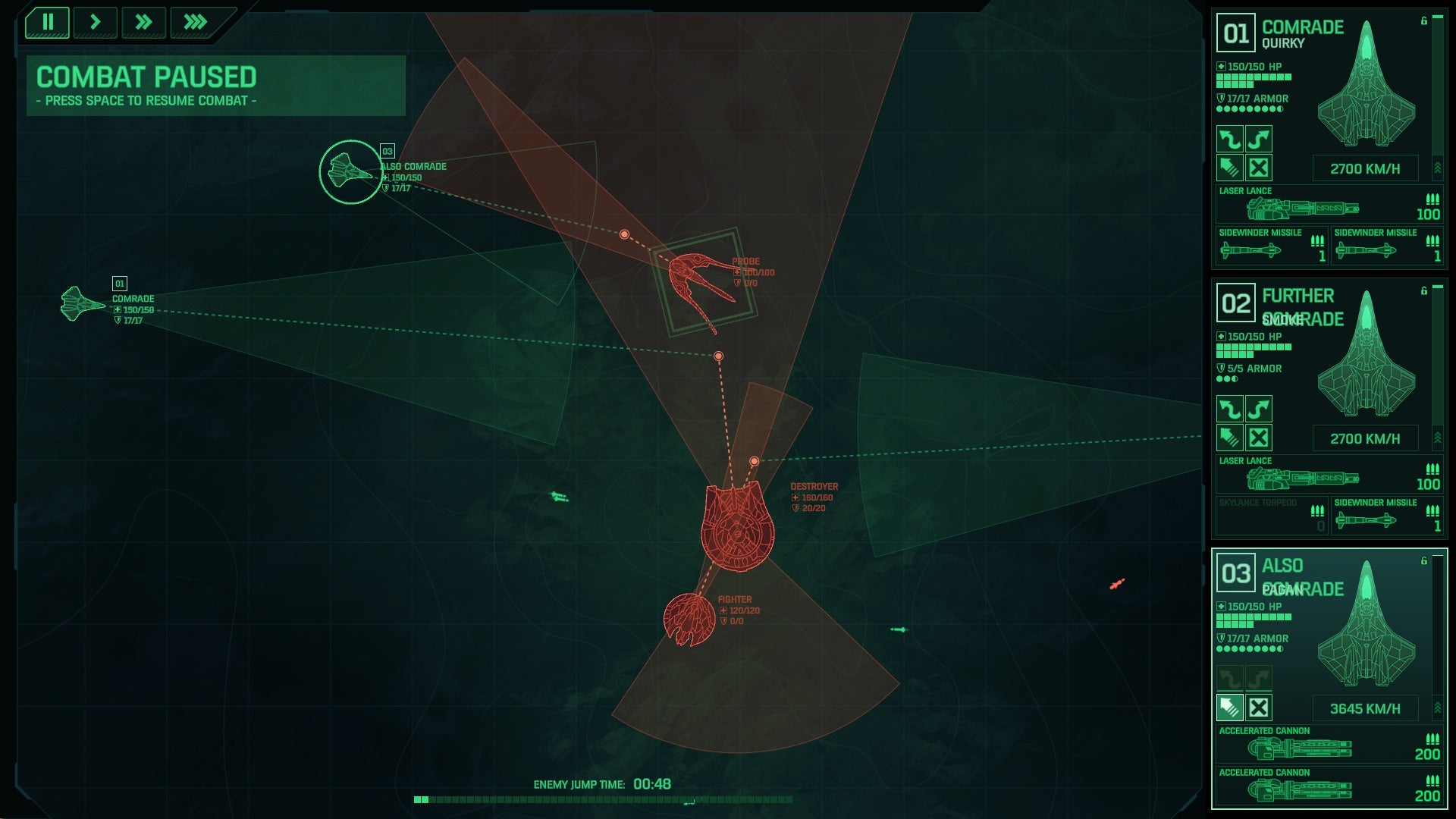 The air combat screen in Xenonauts 2, showing the flight paths and attack ranges of both human and alien craft.