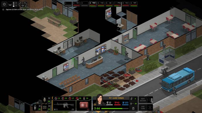 An image of soldiers infiltrating an office in Xenonauts 2. There’s a big patch of rubble and blood in the centre of the image.