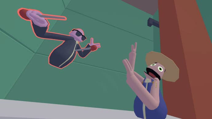 A Yeeps 2.0 screenshot showing a character with a knife and sunglasses leaping towards a character with their hands up