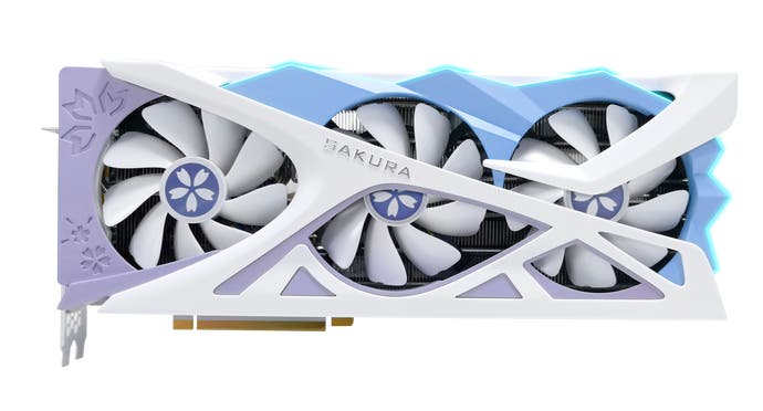Yeston RX 7800 XT / 7700 XT graphics card with a floral design in white, blue and purple