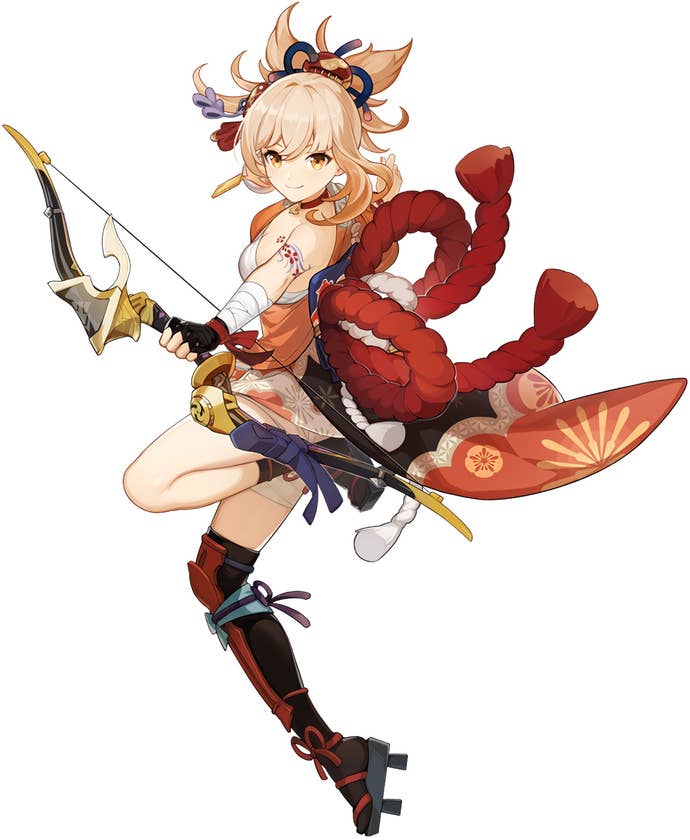 Cropped splash art of Yoimiya from Genshin Impact.