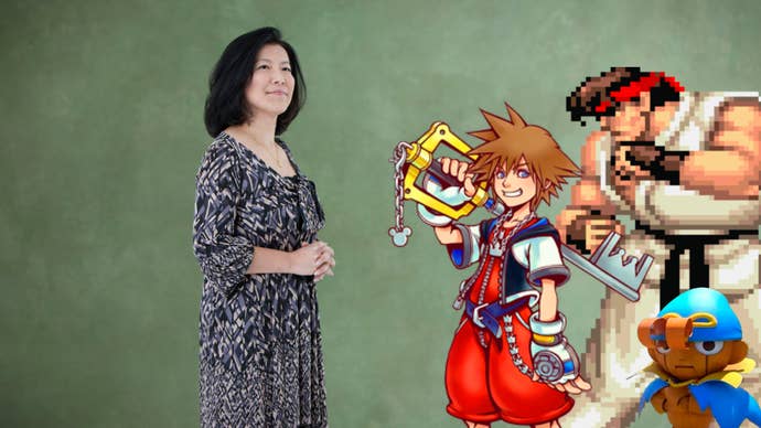 Composer Yoko Shimomura in floral dress on green background, with Sora from Kingdom Hearts, Ryu from Street Fighter, and Geno from Super Mario RPG