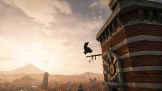 Rise of the Ronin official screenshot showing the silhouette of a distant player grappling up to a high beam of wood jutting out from a tall building, against the sunset