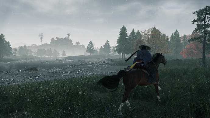 Rise of the Ronin official screenshot showing the player riding a hirse to the right in sweeping Japanese countryside