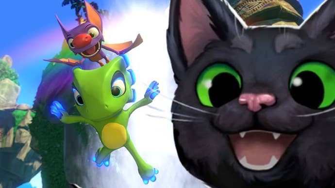 Yooka-Laylee screenshot with the cat from Little Kitty Big City overlayed on top