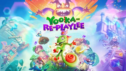 Yooka Replaylee key art showing Yooka and Laylee front and centre with various worlds to explore depicted in the background