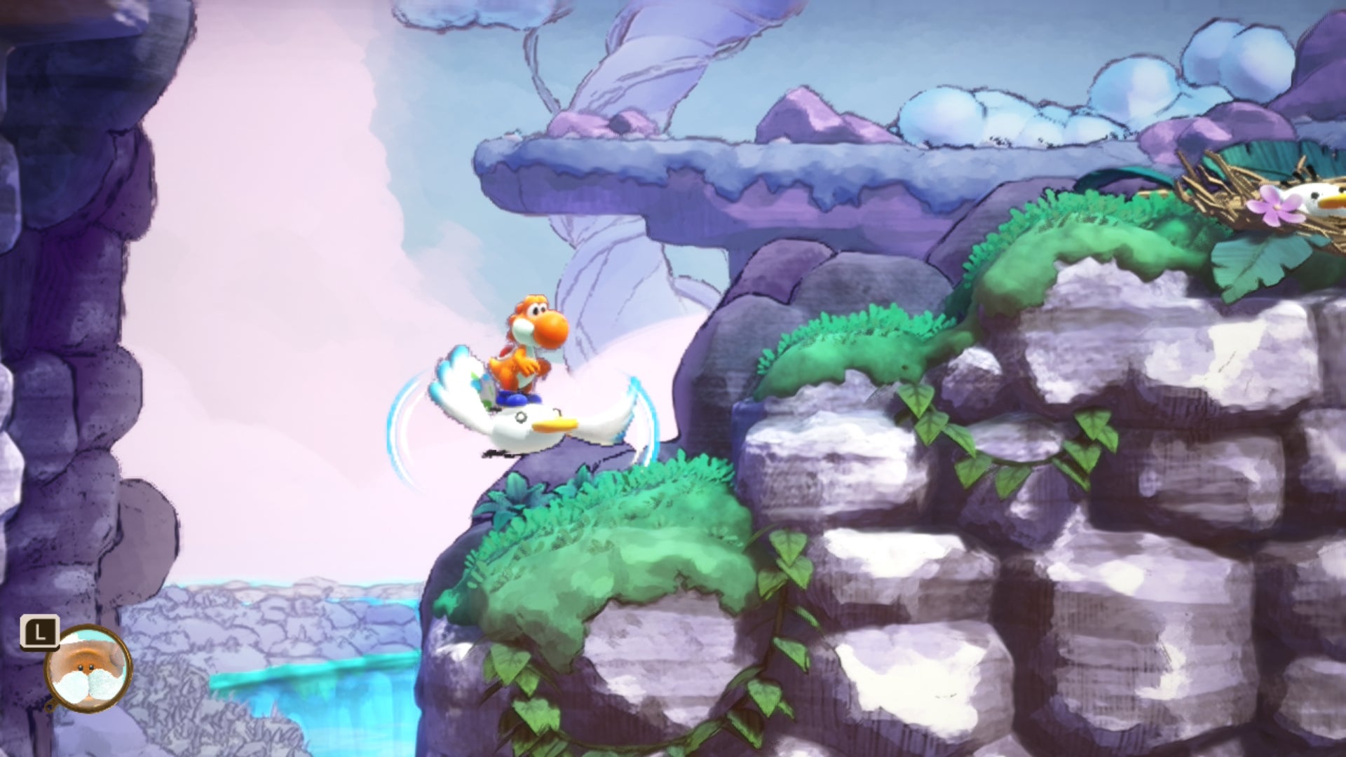 Yoshi and the Mysterious Book screenshot showing traversal on grass-topped cliffs