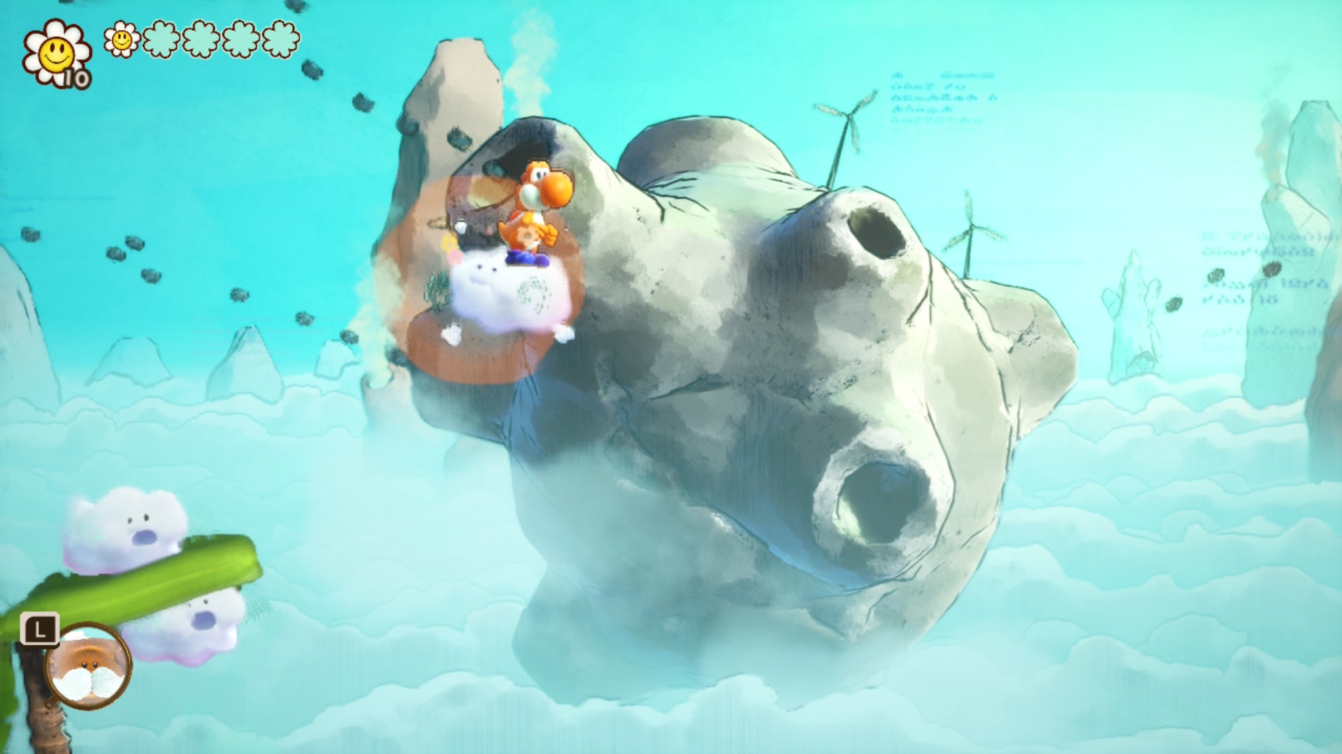 Yoshi and the Mysterious Book screenshot showing traversal through the air in frnt of a strange looking rock formation in the clouds