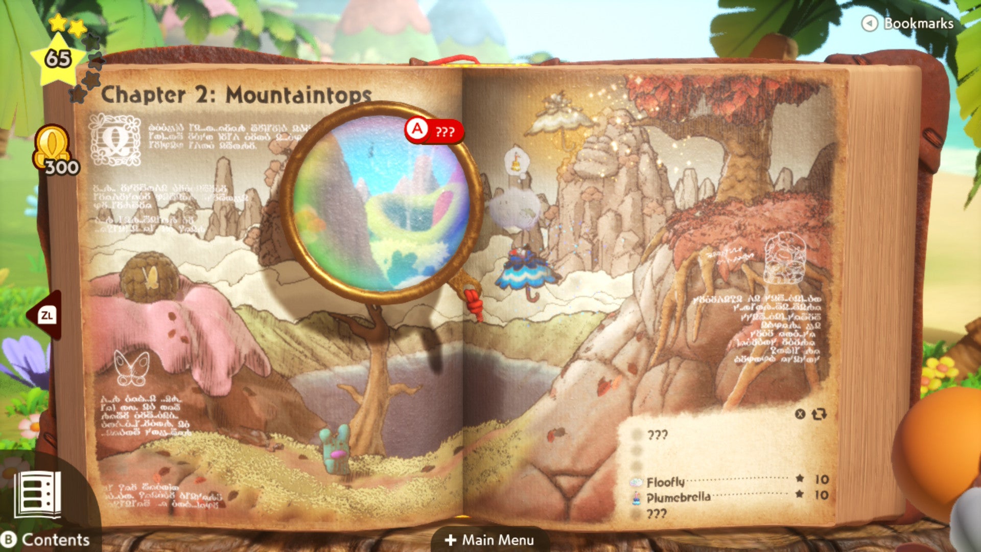 Yoshi and the Mysterious Book screenshot showing the book open to a view of a level, with the highlighted area in bright colours