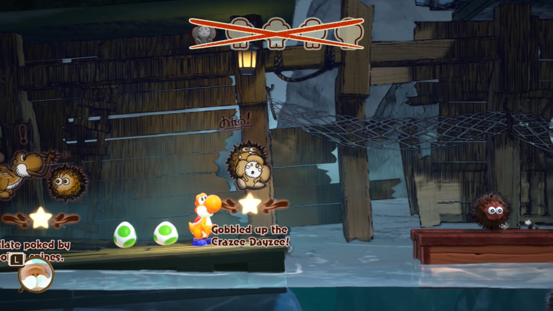 Yoshi and the Mysterious Book screenshot showing traversal across flotsam in the water