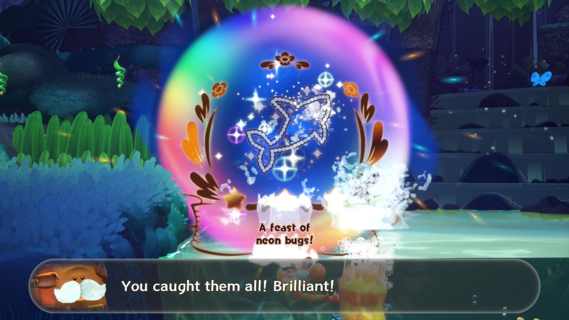 Yoshi and the Mysterious Book screenshot showing brigth celebratory rainbows and sparkles with the text: "You caught them all! Brilliant!"
