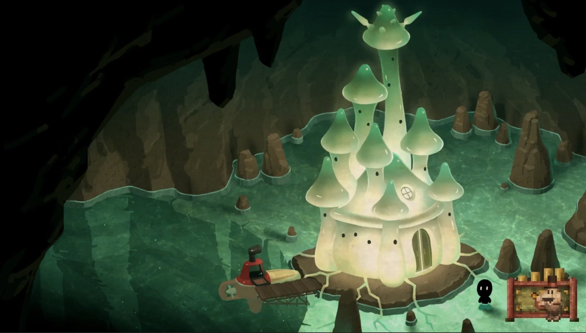 Concept art of a mushroom castle in the middle of an underground lake