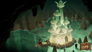 Concept art of a mushroom castle in the middle of an underground lake