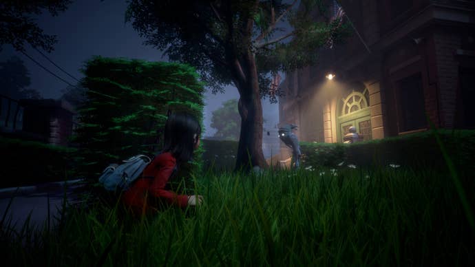 Young girl Sally sneaks through grass in Gylt