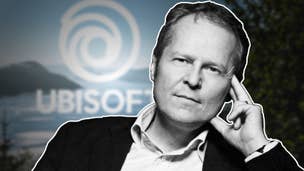 Yves Guillemot, CEO of Ubisoft, in black and white in front of a Ubisoft logo background image