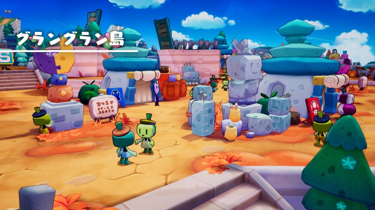 Mario &amp; Luigi: Brothership screenshot showing new island filled with square-headed inhabitants