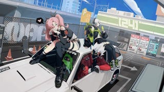 Nicole and Anby sitting on top of a car driven by Billy in Zenless Zone Zero.