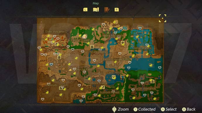 A full map showing all 40 Heart Piece locations in Zelda: Echoes of Wisdom.