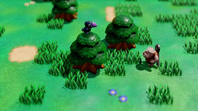 The automaton inventor, Dampe, brushing off a crow in Zelda: Echoes of Wisdom.