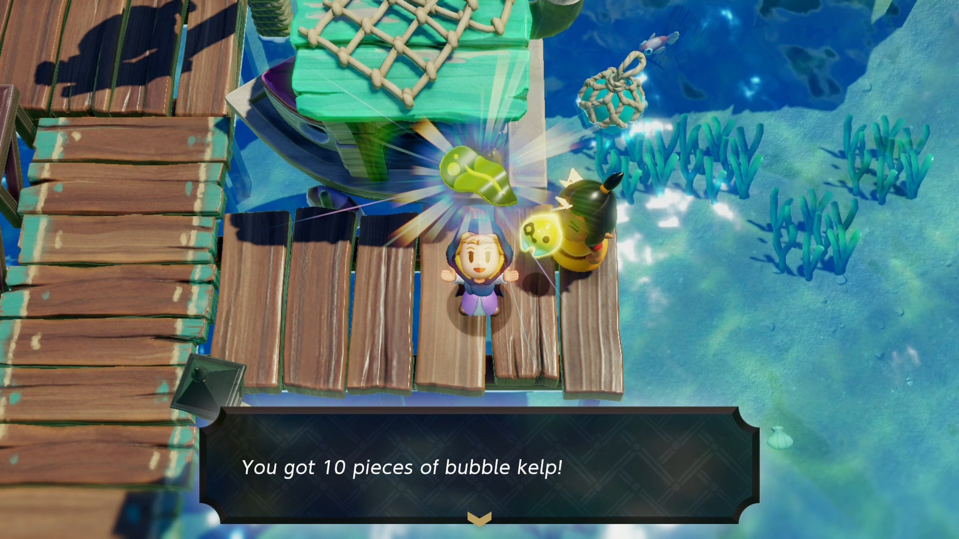 Zelda presenting Bubble Kelp above her head in Zelda Echoes of Widsom.