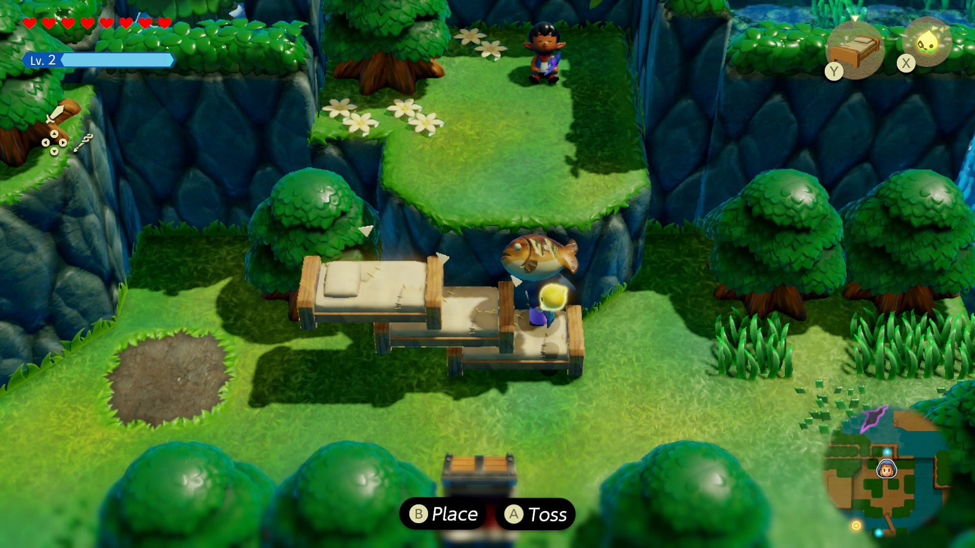 Zelda climbing up a stack of beds while carrying a fish in Zelda Echoes of Widsom.