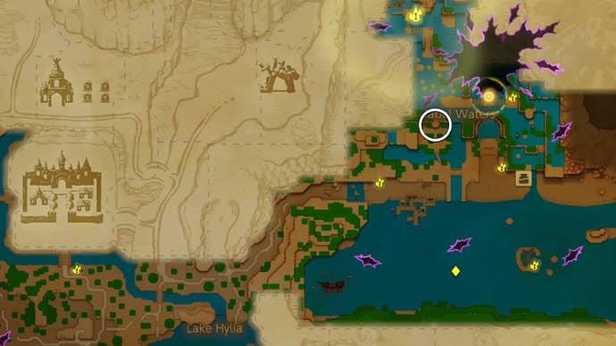White circle showing the location of Anube for the Deliver the Grilled Fish side quest in Zelda Echoes of Widsom.