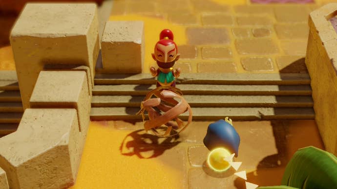 Zelda talking to a Gerudo woman in Gerudo Town while showing her a tumbleweed in Zelda Echoes of Wisdom.