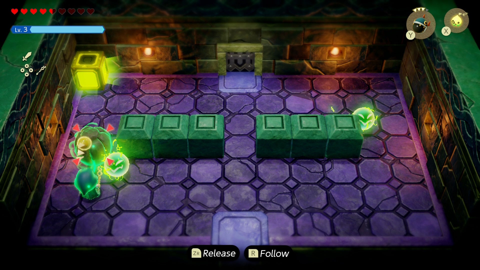 Zelda in a room with two Sparks and a row of stones and boulders in Zelda Echoes of Wisdom.