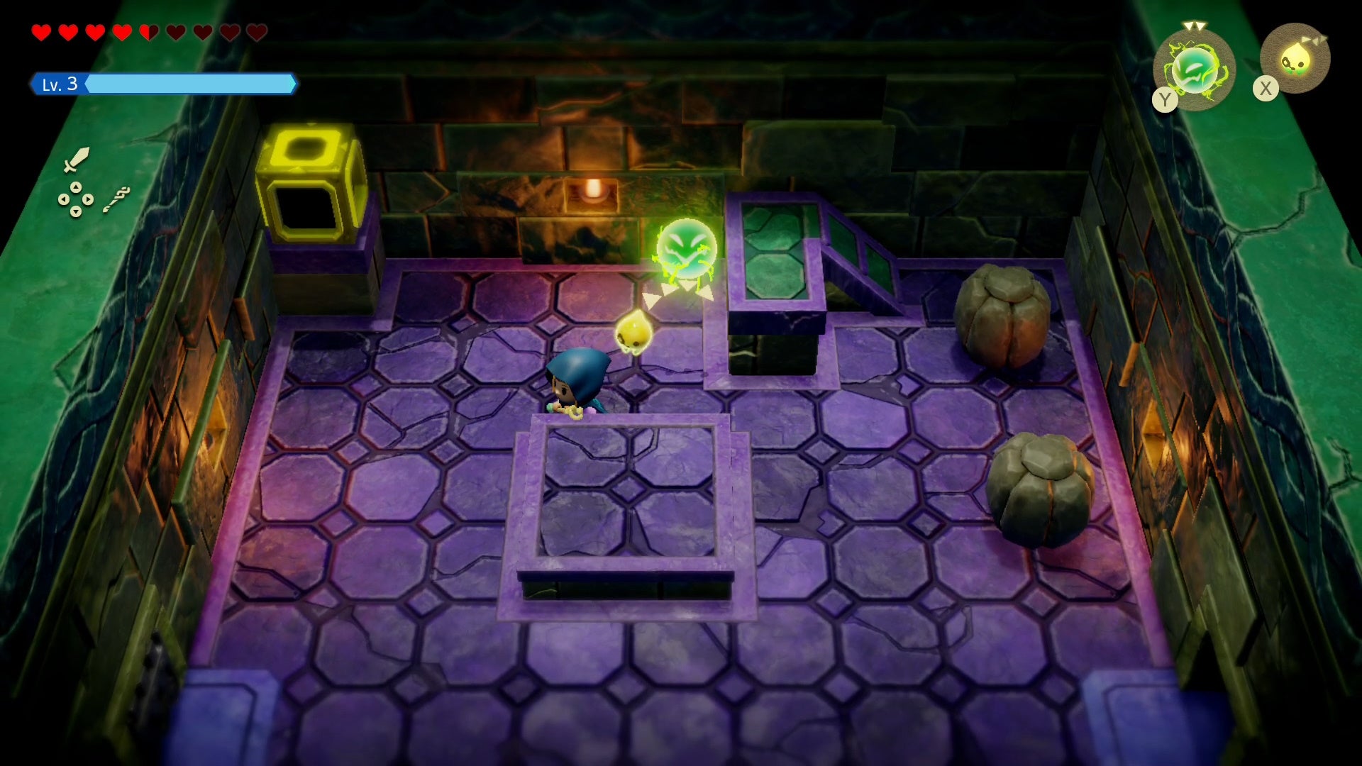 Zelda in a room with Sparks an boulders in the Eastern Temple in Zelda Echoes of Wisdom.