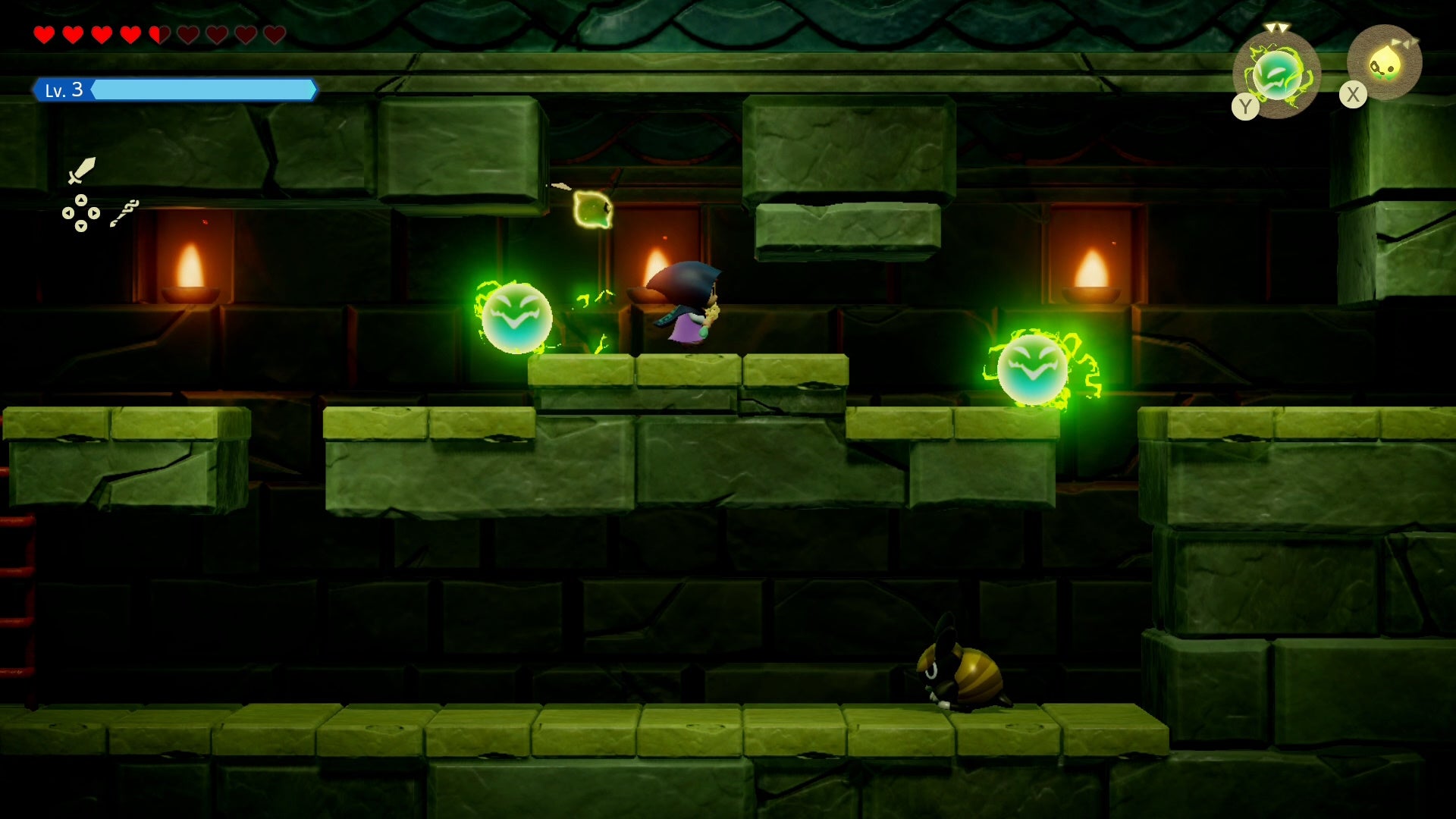 Zelda running across the upper platform of a side-scrolling part of the Eastern Temple in Zelda Echoes of Wisdom.
