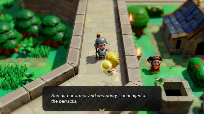 Princess Zelda speaking to a soldier on the walls of Hyrule Castle in Zelda: Echoes of Wisdom.