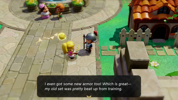 Princess Zelda talking to a Castle guard in Zelda: Echoes of Wisdom.