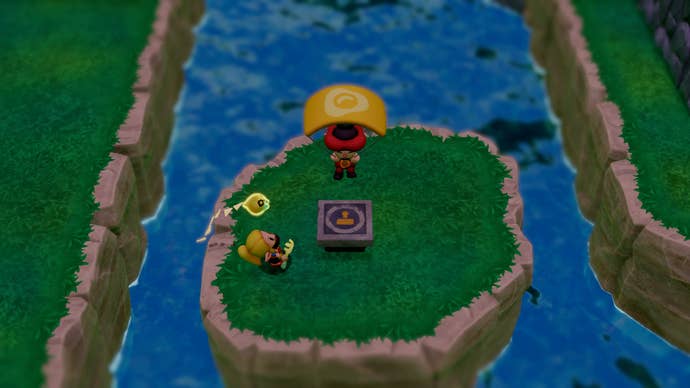 The Stamp Guy parachuting down onto a Stamp Rally spot in Zelda: Echoes of Wisdom.