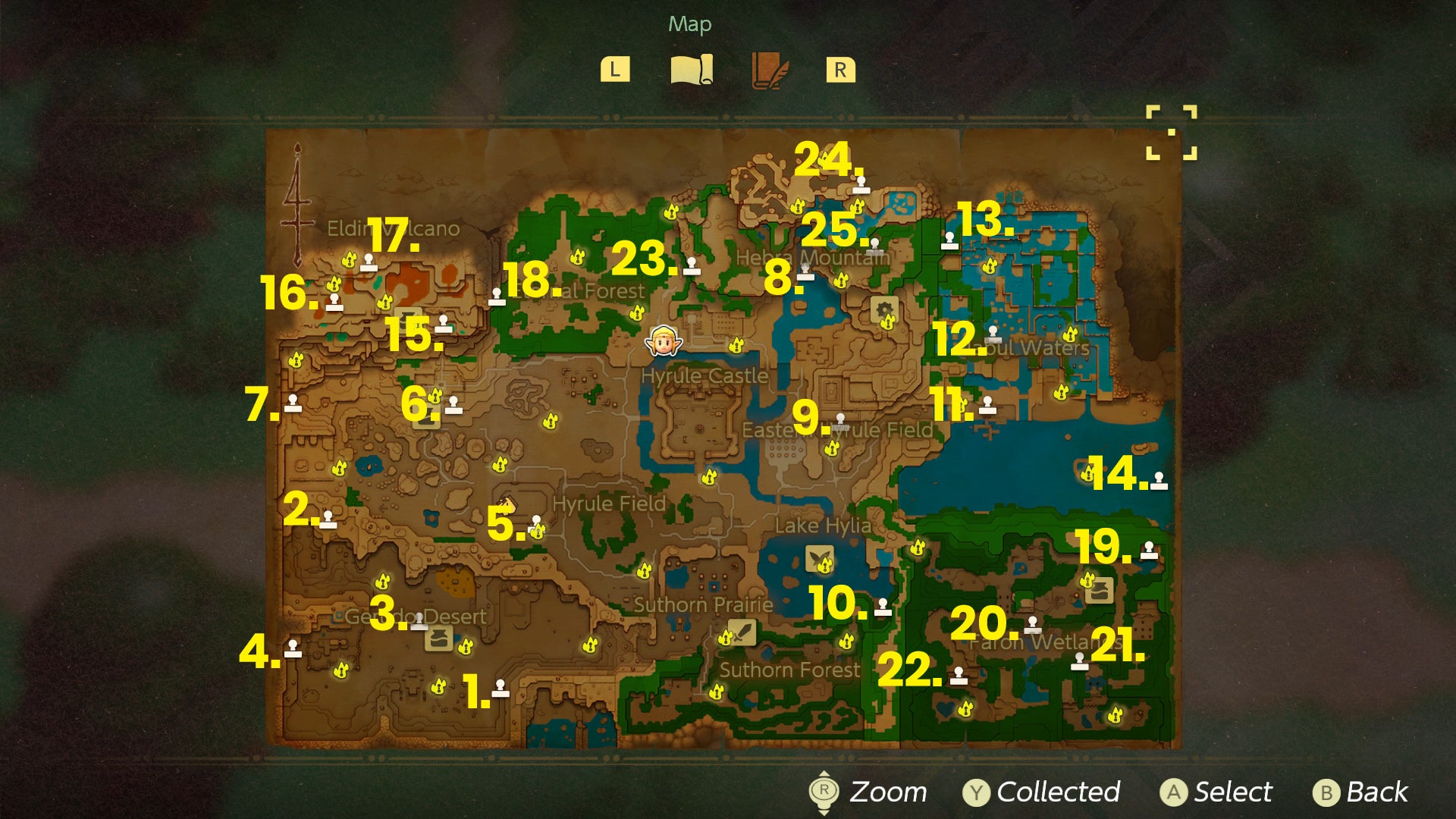 A full map showing all 25 Stamp Rally locations in Zelda: Echoes of Wisdom. - 3