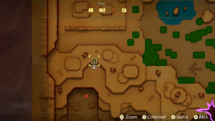 Map view of the secret cave entrance containing Flying Tile Echoes in Zelda Echoes of Wisdom.