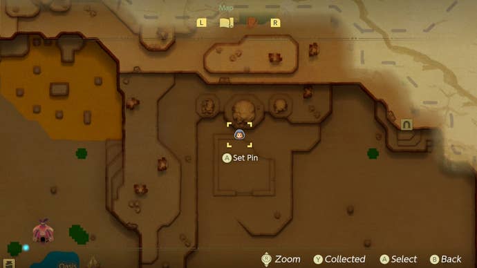Map view of cliffs east of the Oasis area in the Gerudo Desert in Zelda Echoes of Wisdom.