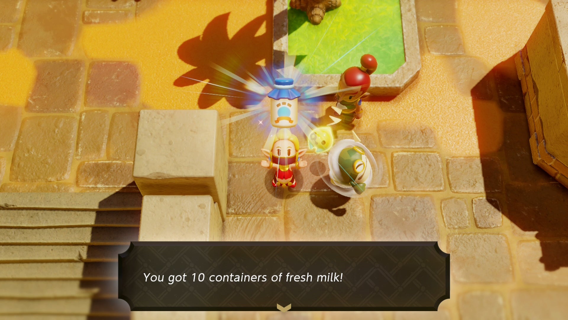 Zelda holding up a milk jar while standing in Gerudo Town in Zelda Echoes of Wisdom.
