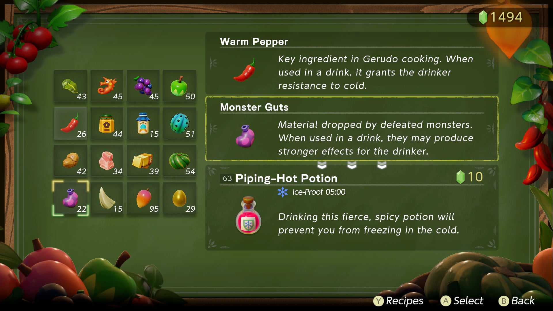 The smoothie mixing screen in Zelda: Echoes of Wisdom, showing a Piping-Hot Potion. - 3
