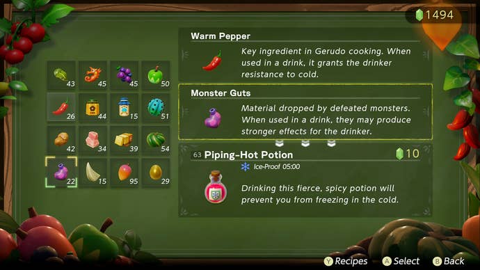 The smoothie mixing screen in Zelda: Echoes of Wisdom, showing a Piping-Hot Potion.
