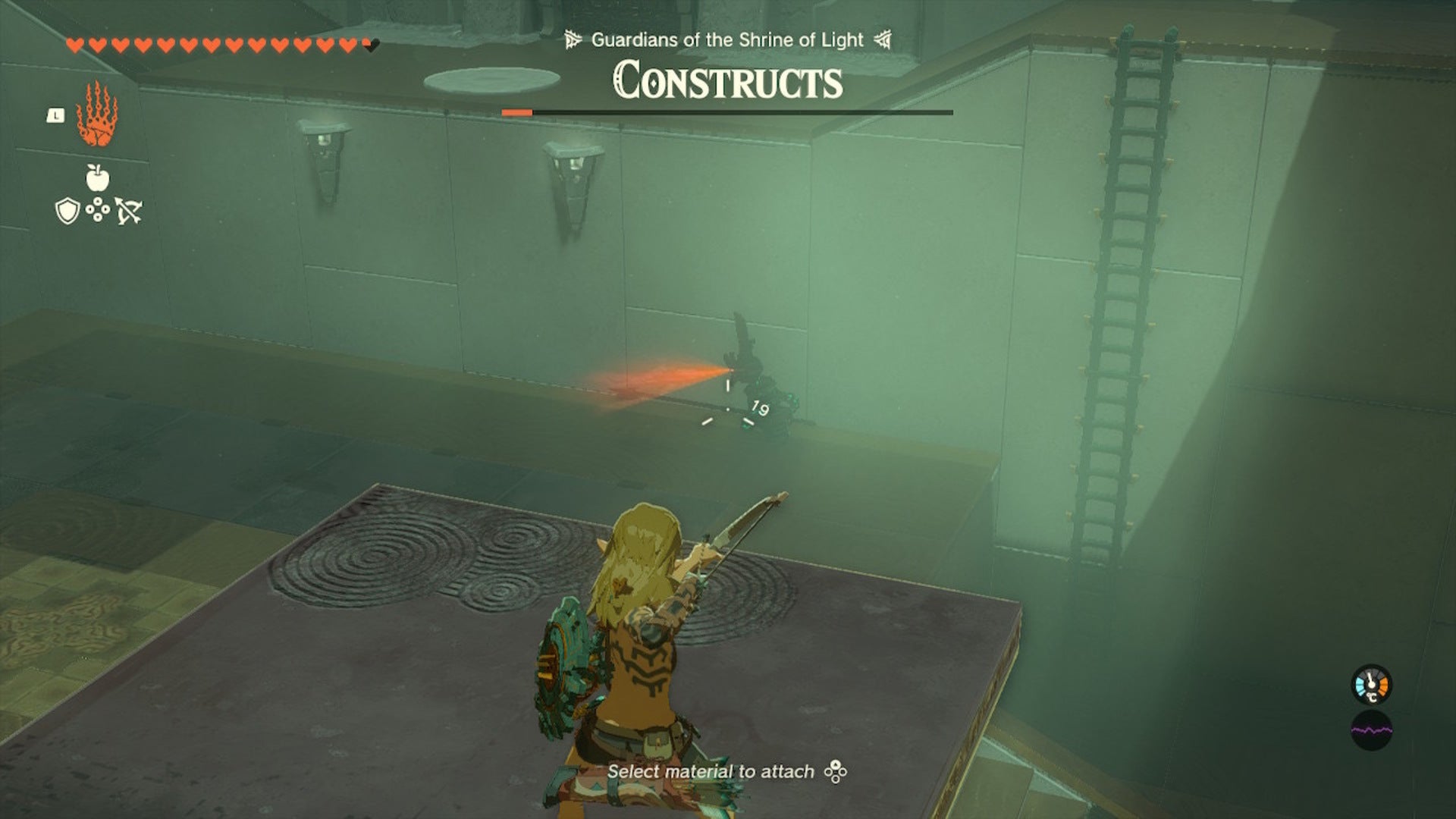 Link aims an arrow at a Soldier Construct in the Joku-usin Shrine in The Legend of Zelda: Tears of the Kingdom