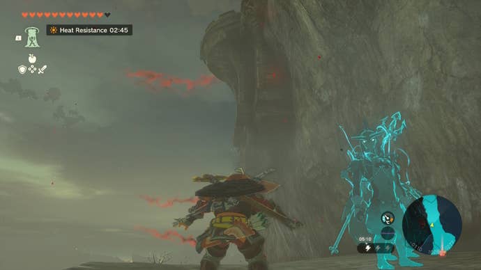 Link looks over at a pillar he can Ascend up in 
The Legend of Zelda: Tears of the Kingdom