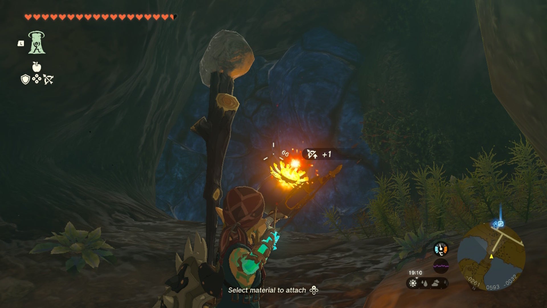 Link aims an arrow and Bomb Fruit at a passage blocked by rocks in The Legend of Zelda: Tears of the Kingdom - 11