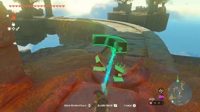 Link uses Ultrahand to rotate a device in Zelda: Tears of the Kingdom