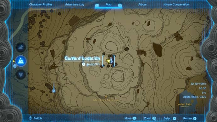 A map showing the location of the Upland Zorana Byroad Cave in The Legend of Zelda: Tears of the Kingdom