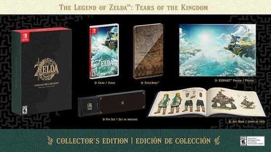 Image showing what is included in the Collector&rsquo;s Edition of The Legend of Zelda: Tears of the Kingdom. This version includes a Steelbook, Art Book and more.